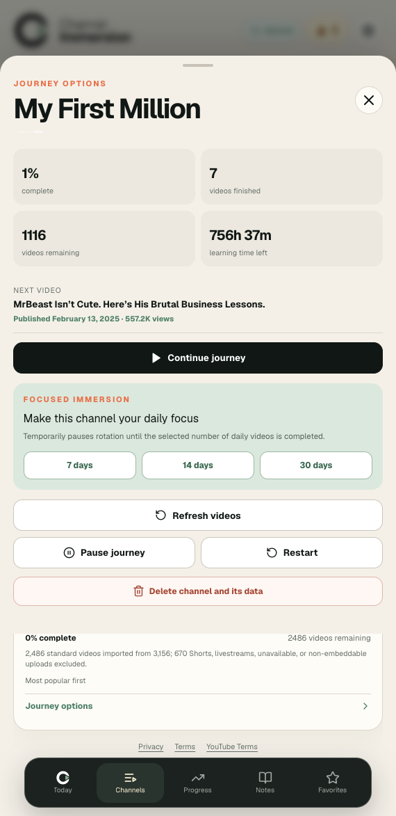 Focused immersion controls within the Channel Immersion journey options screen
