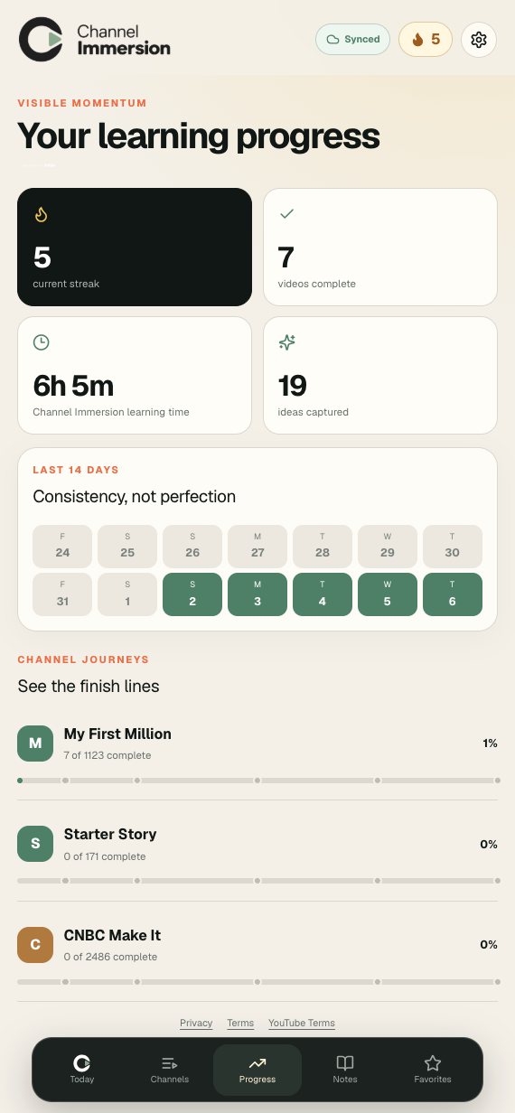 Learning progress screen showing streaks, videos completed, learning minutes, ideas captured, and channel journey completion