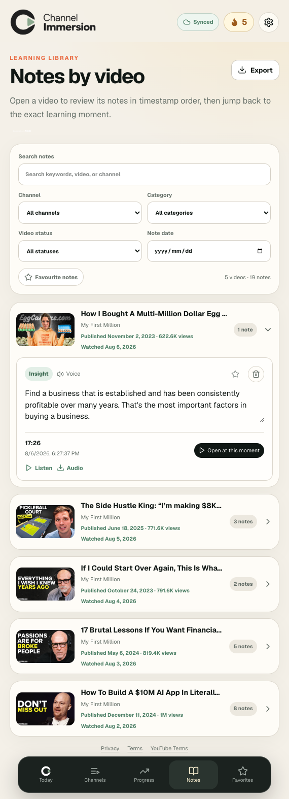 Notes and actions screen for saved learning moments