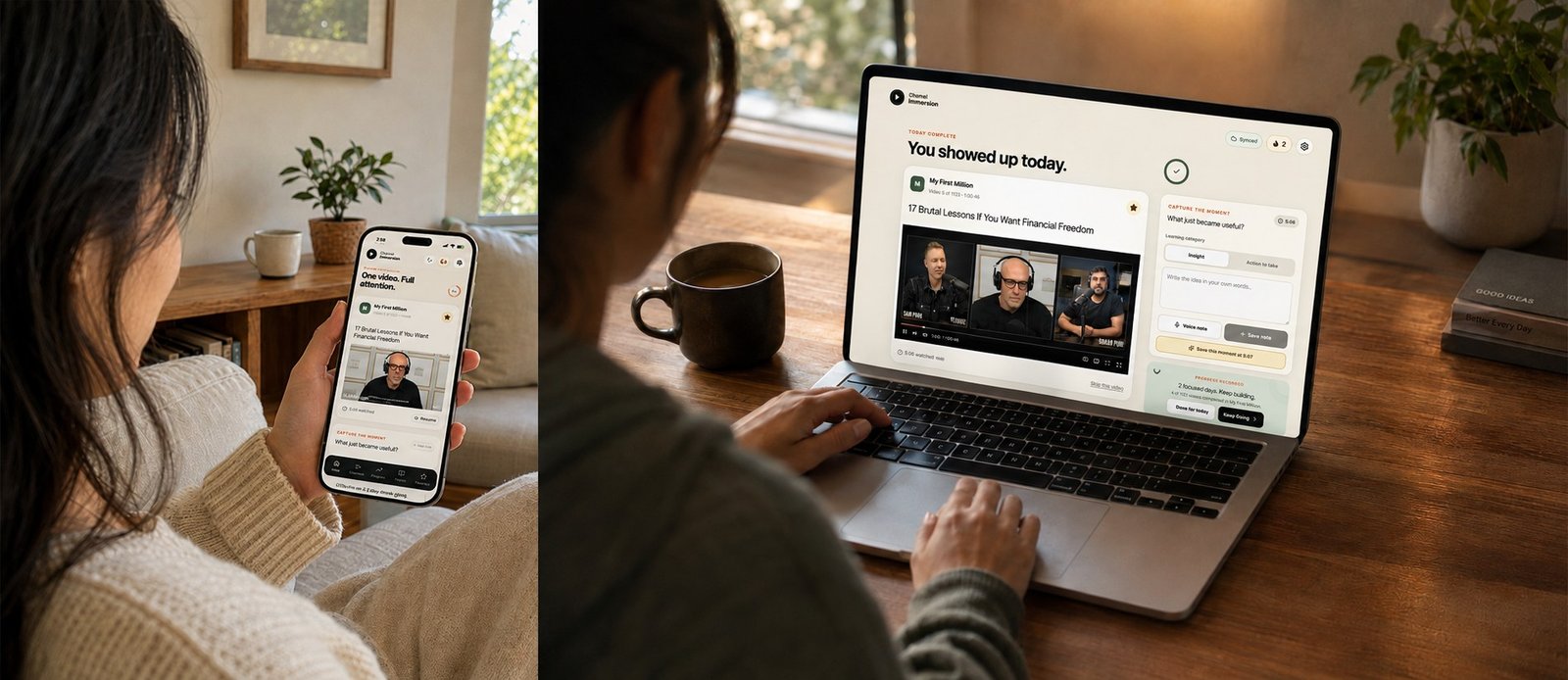 A person using Channel Immersion on both a phone and laptop to continue a structured learning session without returning to the YouTube feed