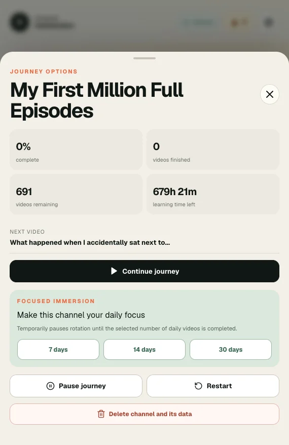 Channel Immersion journey options interface showing progress, remaining videos, learning time, and a continue journey button
