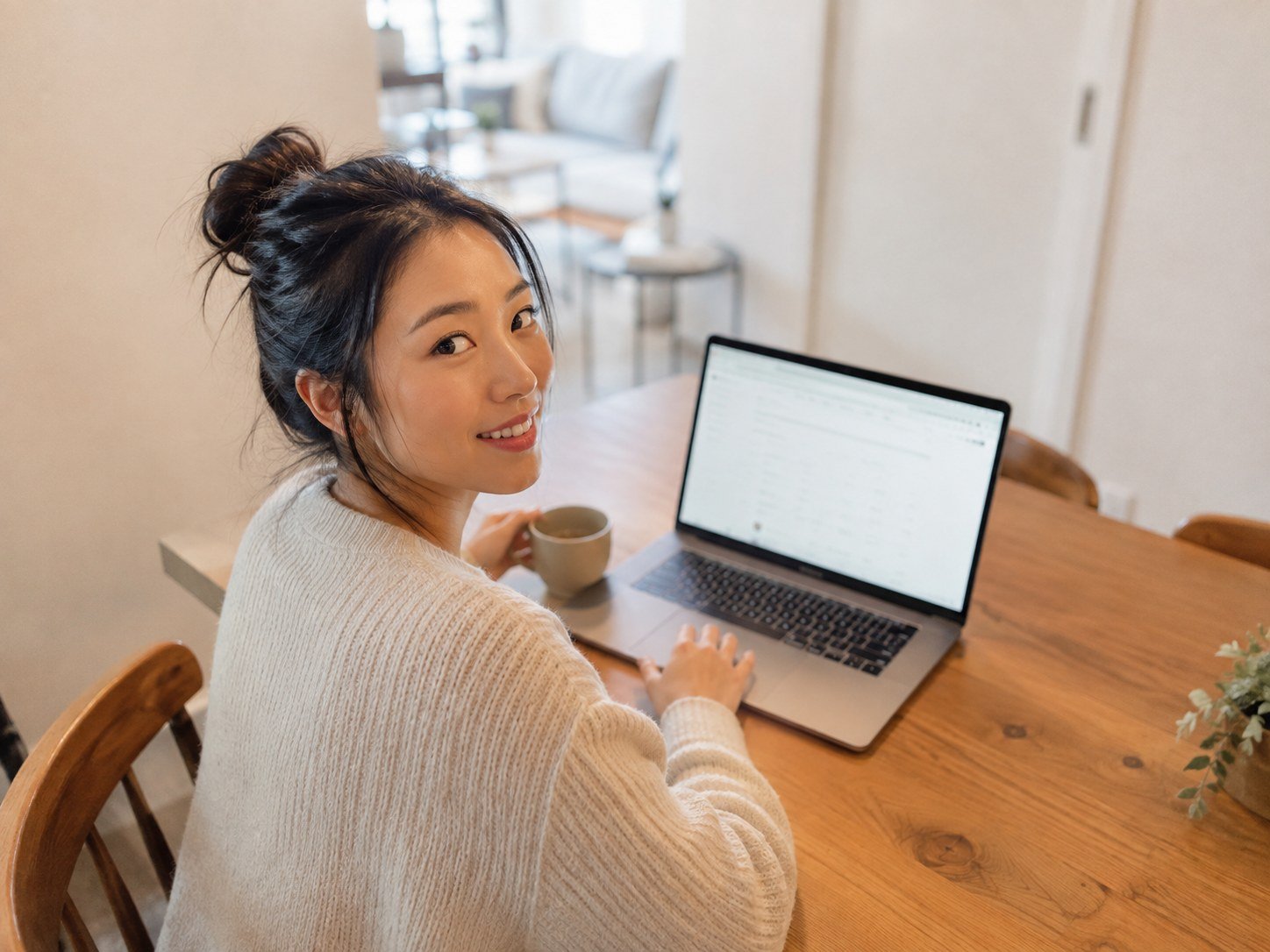 A woman smiling back from a desk while using a laptop with a mug nearby